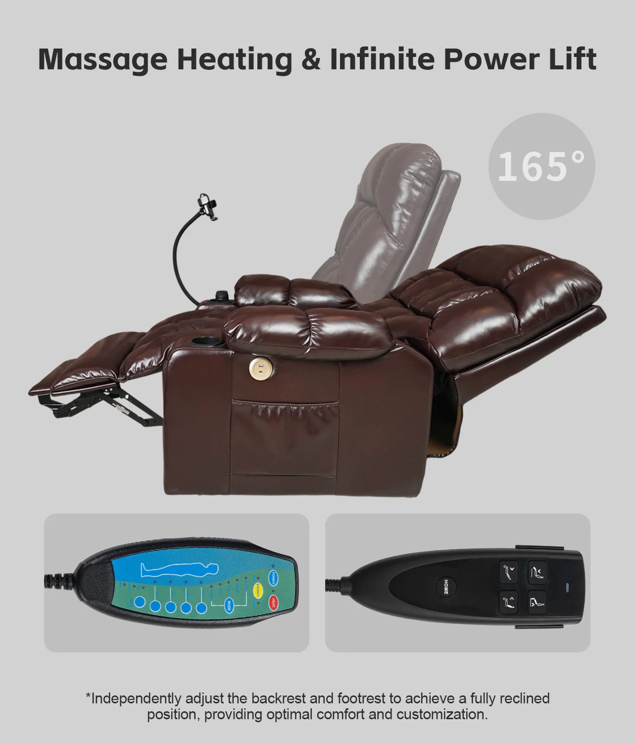Leather Heated Lift Recliner Chair with Dual Motor, Massage, Cup Holder, Wireless Charging, USB, Brown