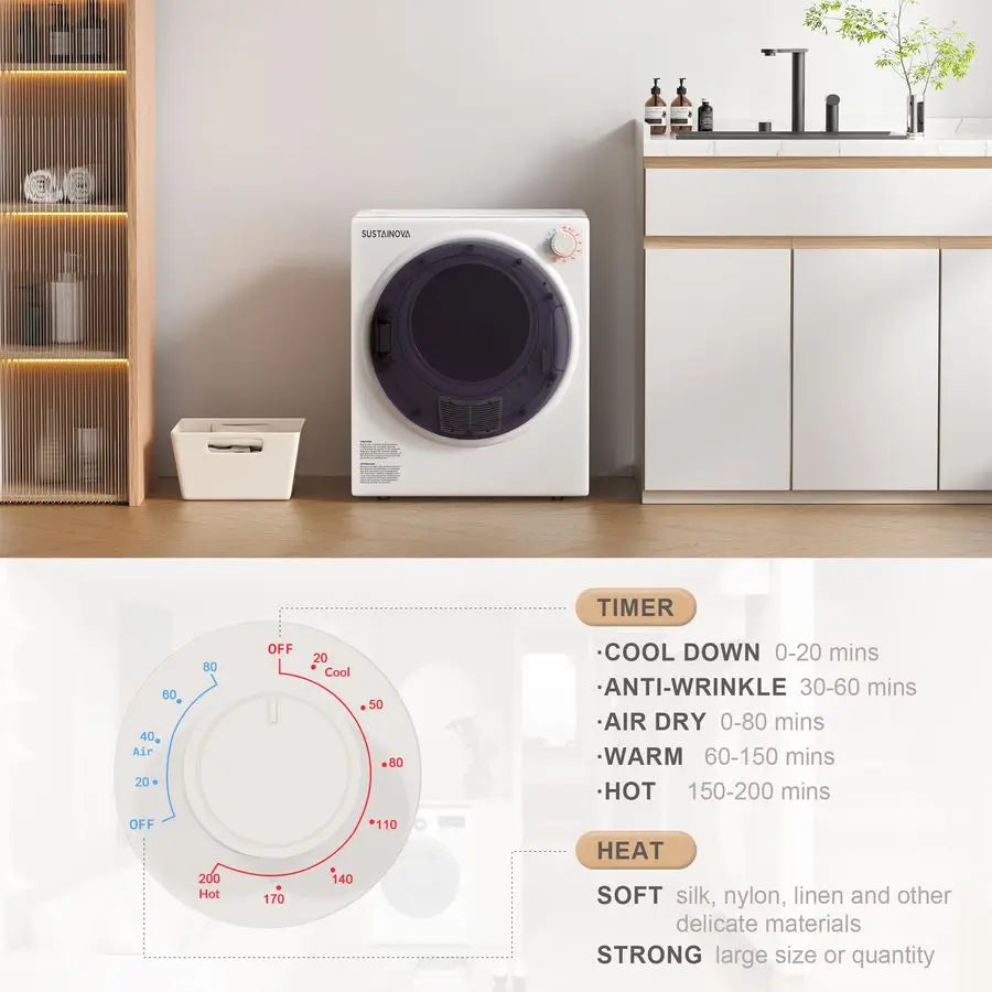 Compact Laundry Dryer, 2.6 cu ft Front Load Stainless Steel Clothes Dryers with Exhaust Pipe, 1400W, Control Panel FourFunction