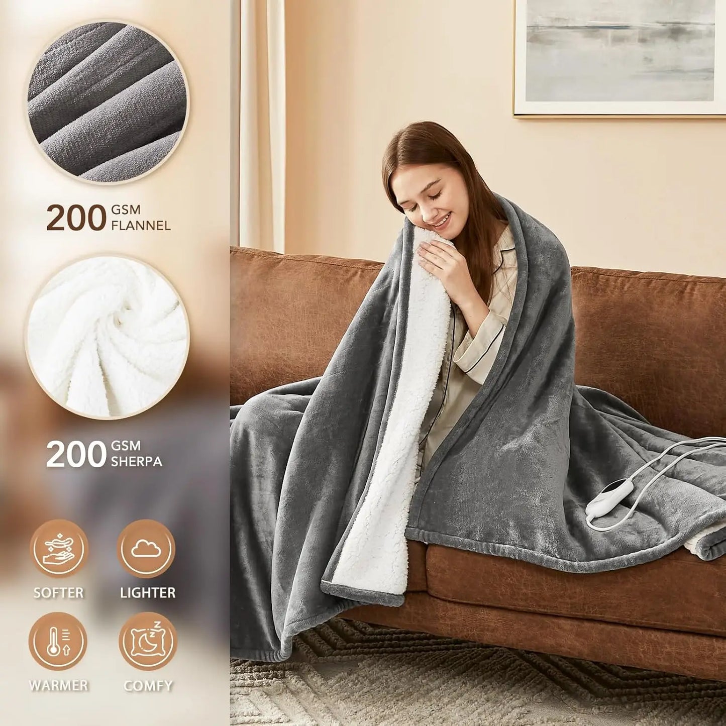 Electric Heated Blanket Twin Size 62x84 Inches with Auto-Off Timer, 10 Heat Levels, Overheat Protection, Flannel Sherpa Material