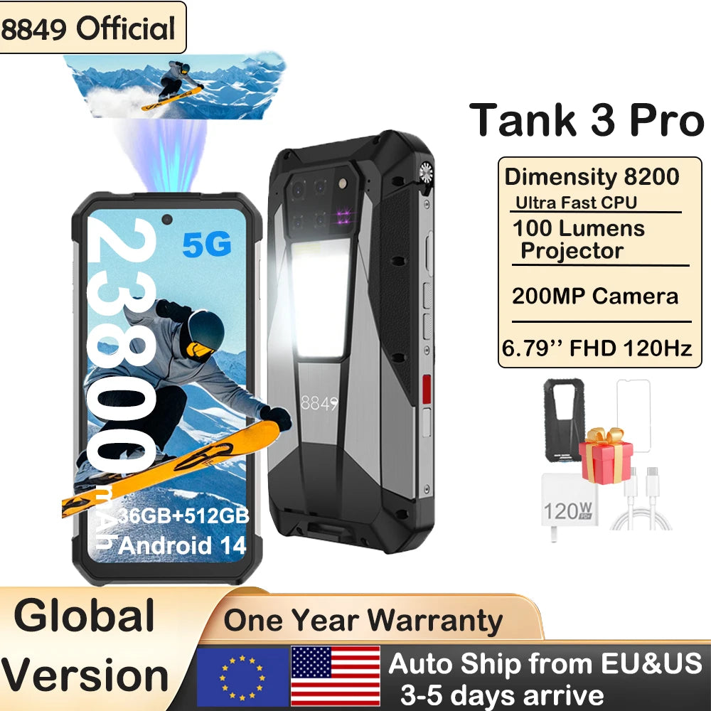 8849 Tank 3 Pro Unihertz Rugged Smartphone 5G with 100 Lumens Projector 32/36GB 512GB 23800mAh Android 14 Cell Phones Dual Sim