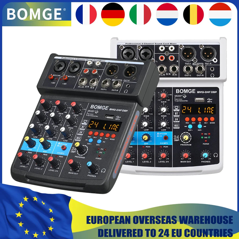 BBOMGE 4 Channel 24 DSP DJ Audio Sound Mixer Interface Mixing Console Desktop Karaoke with MP3 Input USB Bluetooth Input Stereo