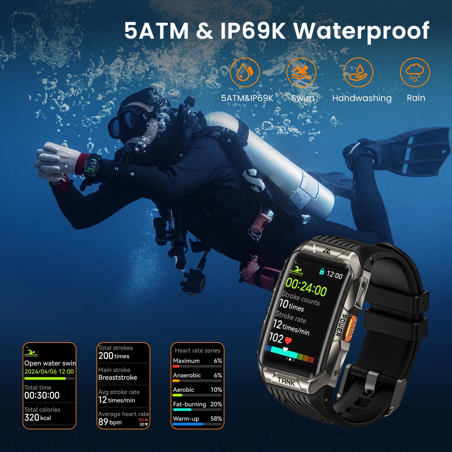 KOSPET TANK X2 Smart Watch For Men IP69K Waterproof 3D Curved Screen 1.64'' AMOLED Bluetooth Call 170 Sport Modes Smartwatch