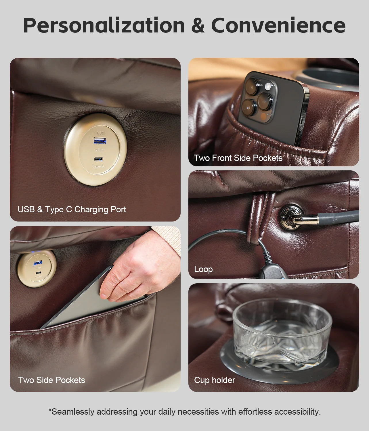 Leather Heated Lift Recliner Chair with Dual Motor, Massage, Cup Holder, Wireless Charging, USB, Brown