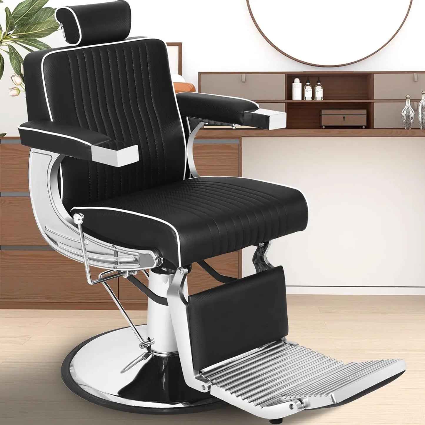 Black Gold Barber Chair, Reclining Salon Chair Hair Stylist, Barber Chairs for Barbershop Supports up to 500lbs, Professional Sa