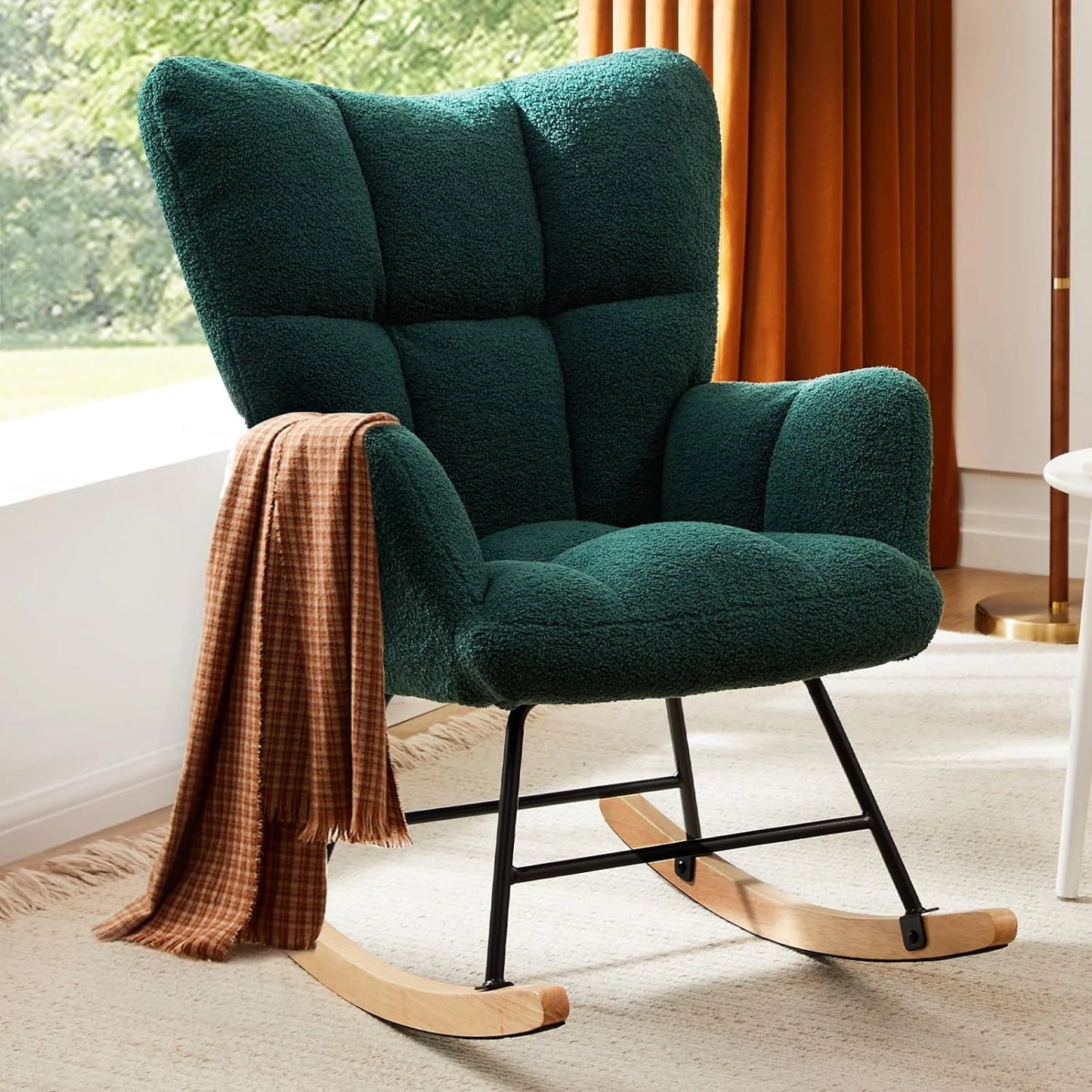 Modern Upholstered Nursery Rocking Chairs, with Side Pocket High Back Teddy Boucle Rocker Chair, Rocking Chair Backrest for Livi