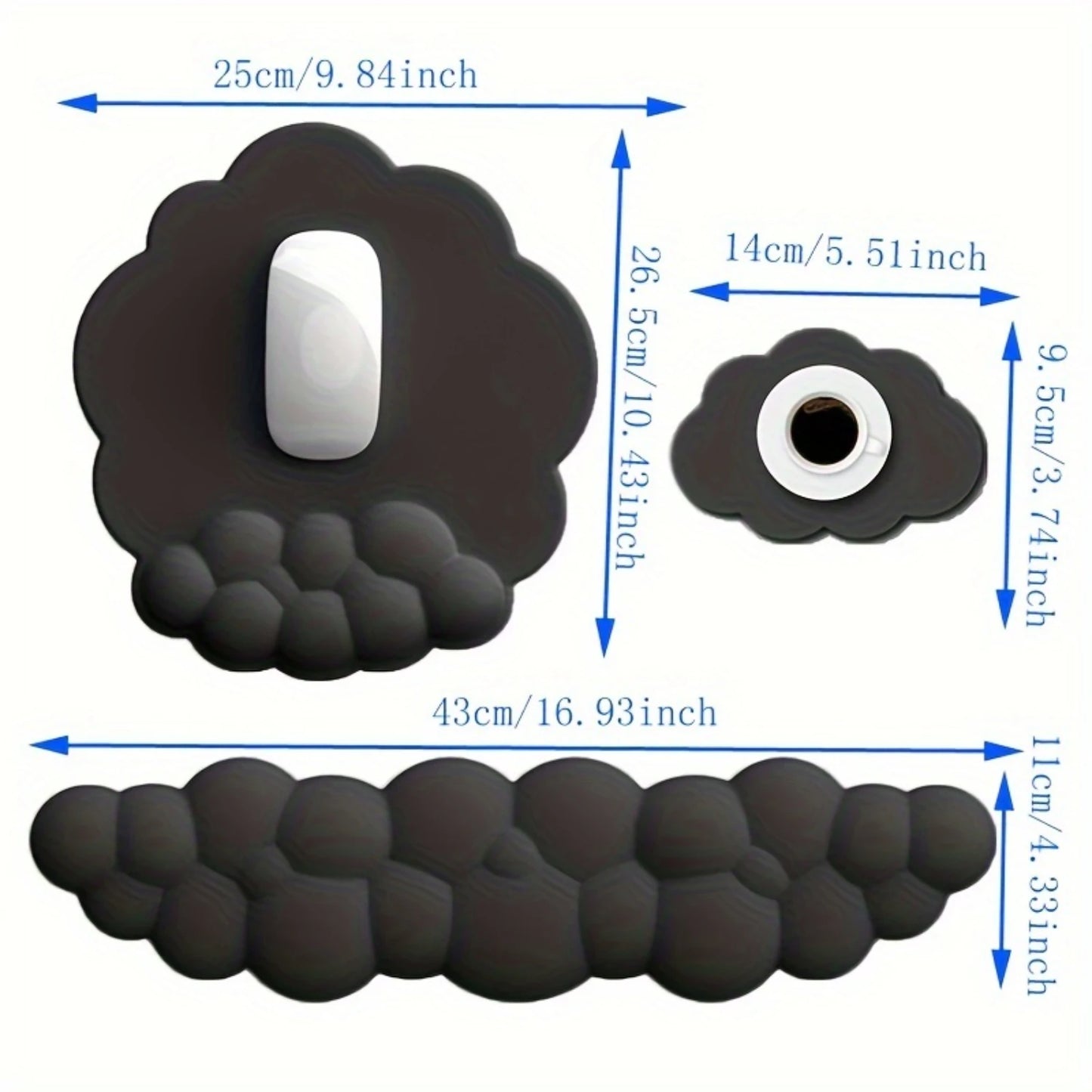 3-Piece Cloud-Shaped Mouse and Keyboard Pads with Wrist Support Set - Ergonomic PU Leather Desk Accessories with Water-Resistant