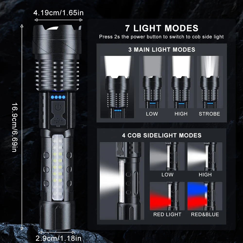 Zoomable Super Bright Flashlight 30W 7Mode COB LED Tactical Flashlight Portable Rechargeable Outdoor Lamp Built in Battery