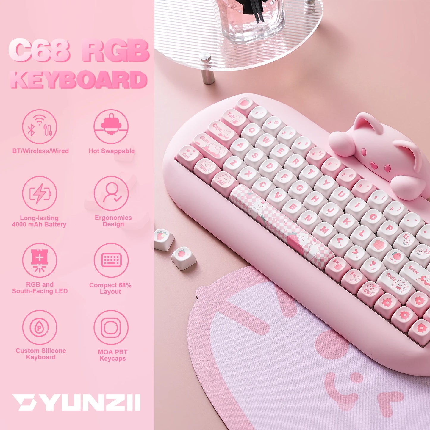 YUNZII C68 Wireless Gaming Keyboard Cat Themed RGB