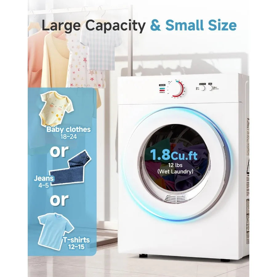 1.8 Cu.Ft Compact Dryer 1020W Portable Clothes Dryer with Stainless Steel Tub Front Load Tumble Four Functions Ideal for Small