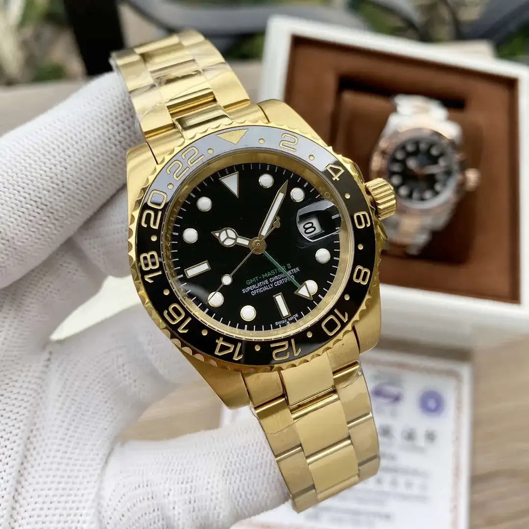 40mm Yellow Gold NH34 GMT Automatic Watch For Men Ceramics Grey Black Bezel Sapphire Glass Luminous Dial Waterproof