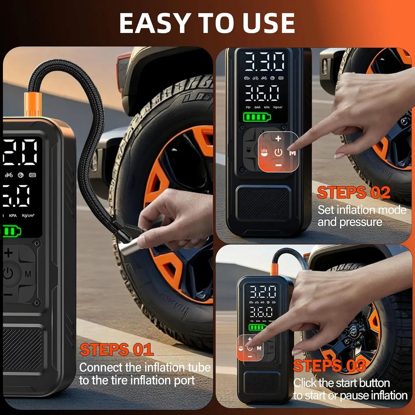 Y34 Portable Air Compressor, 4X Faster Inflation, 6000mAh, 150PSI with Digital Gauge & LED Light for Car, Motorcycle, Bike