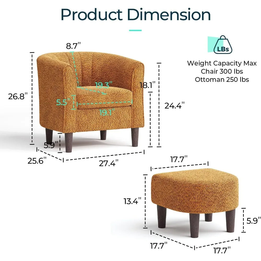 Modern Chenille Accent Chair with Ottoman, Orange Barrel Armchair for Living Room Bedroom Office