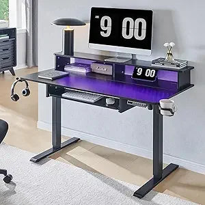 48Inch Gaming Desk, Electric Standing Desk with Height Adjustable, Power Outlets, LED Lights, Keyboard Tray, and Monitor Shelf,