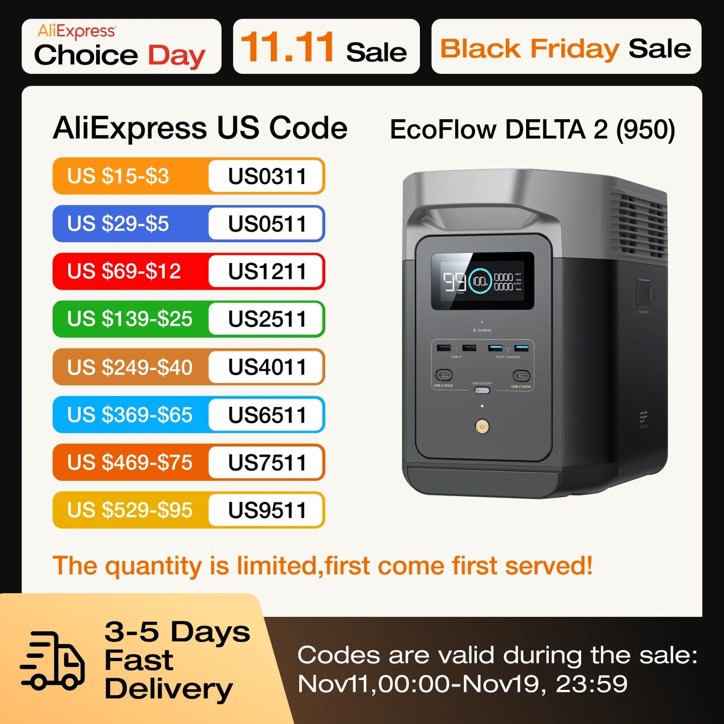 ECOFLOW Portable Power Station DELTA 2, 950Wh LiFePO4 (LFP) Battery, 1800W AC/100W USB-C Output, Solar Generator