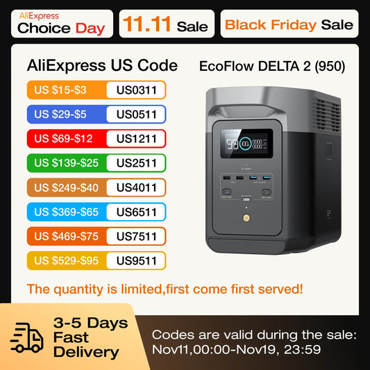 ECOFLOW Portable Power Station DELTA 2, 950Wh LiFePO4 (LFP) Battery, 1800W AC/100W USB-C Output, Solar Generator