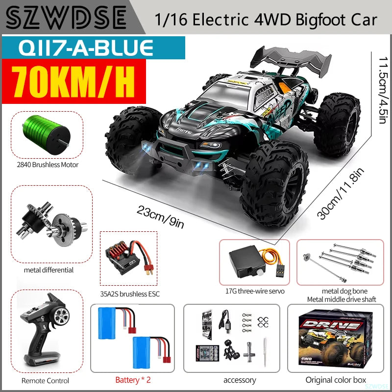 Wltoys Q117 1/16 RC Car 4WD Remote Control Car LED Headlights Brushless 70KM/H 2.4G High Speed Off-Road Drift Toys for Children