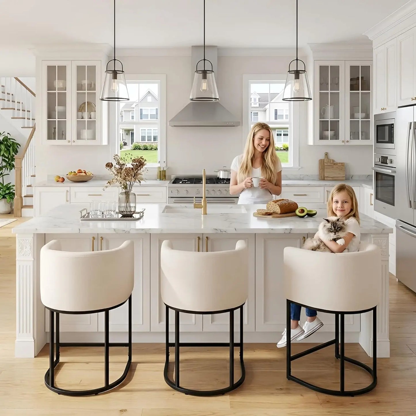 Modern Counter Height Linen Fabric Upholstered Counter Stools Set of 3, 24 Inch Kitchen Island Stool with Black, Customized