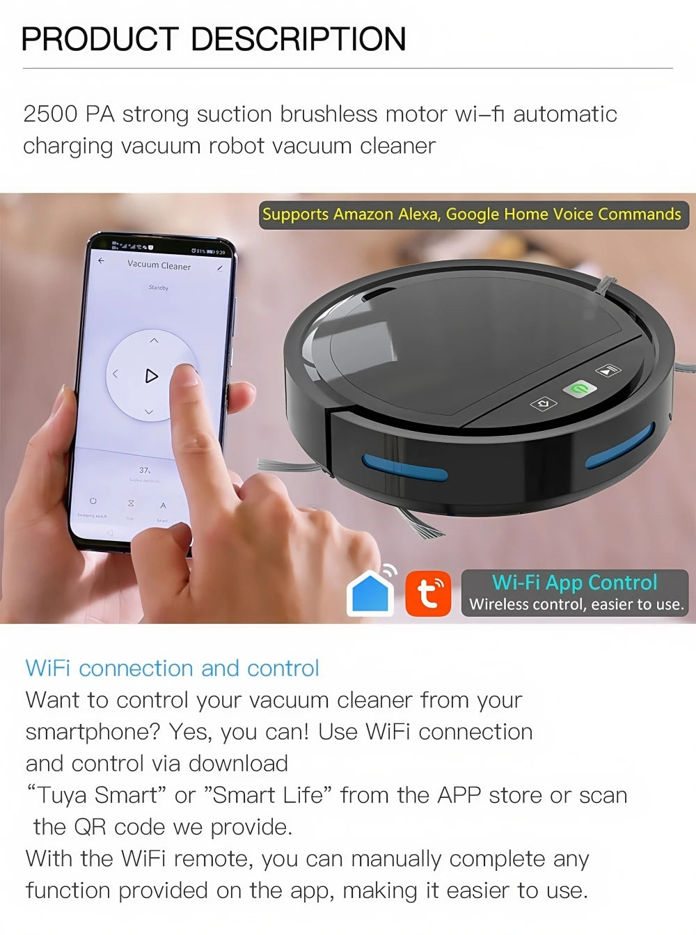 Smart Robot Vacuum Cleaner with 2500Pa Suction, WiFi/APP Control, Auto Recharge, Sweep/Mop/Vacuum for Pet Hair & Carpets