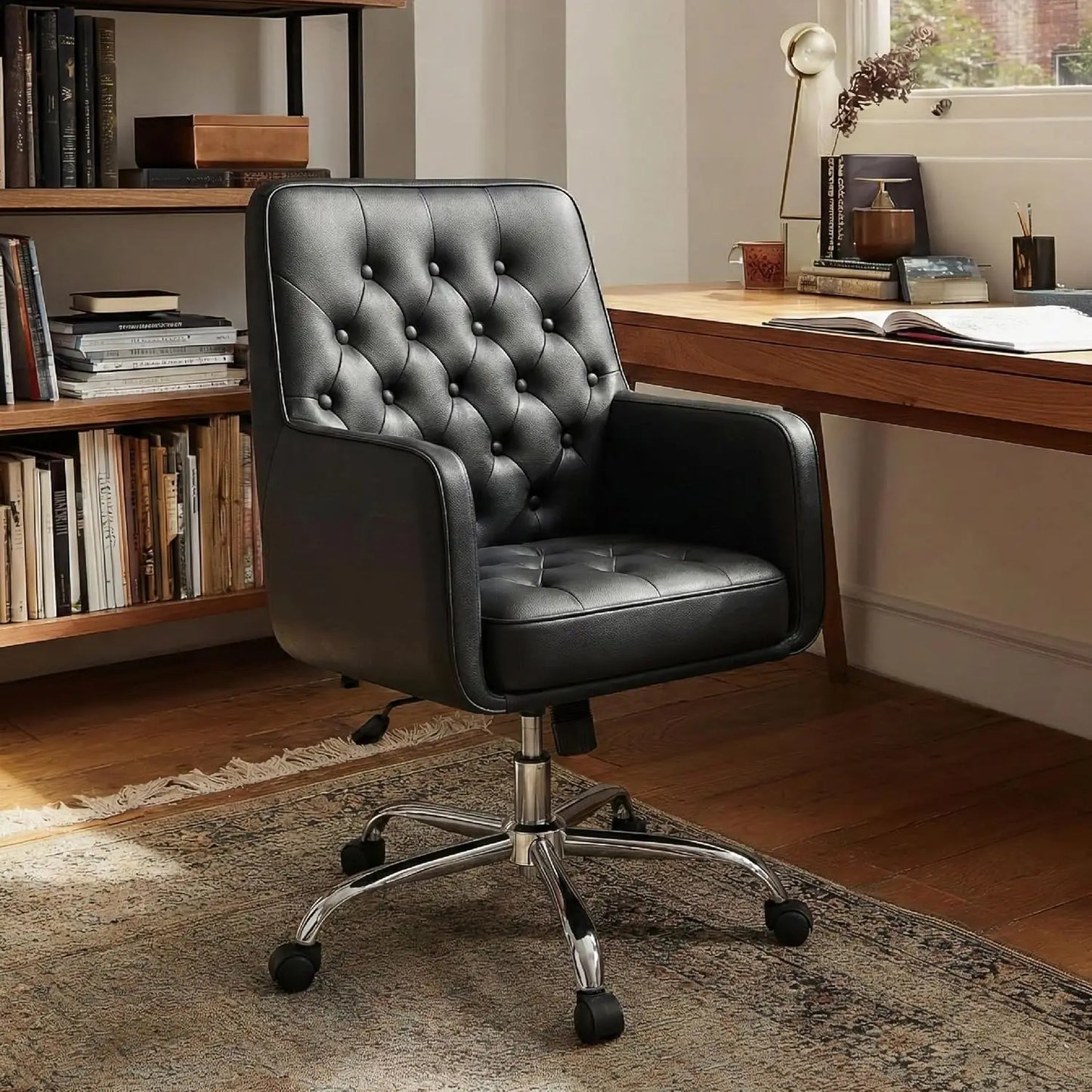 Home Desk Chair with Armrest,Leather Swivel Office Chair Adjustment Height with Wheels,Comfortable Padded Seat,Black