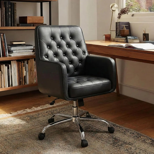 Home Desk Chair with Armrest,Leather Swivel Office Chair Adjustment Height with Wheels,Comfortable Padded Seat,Black