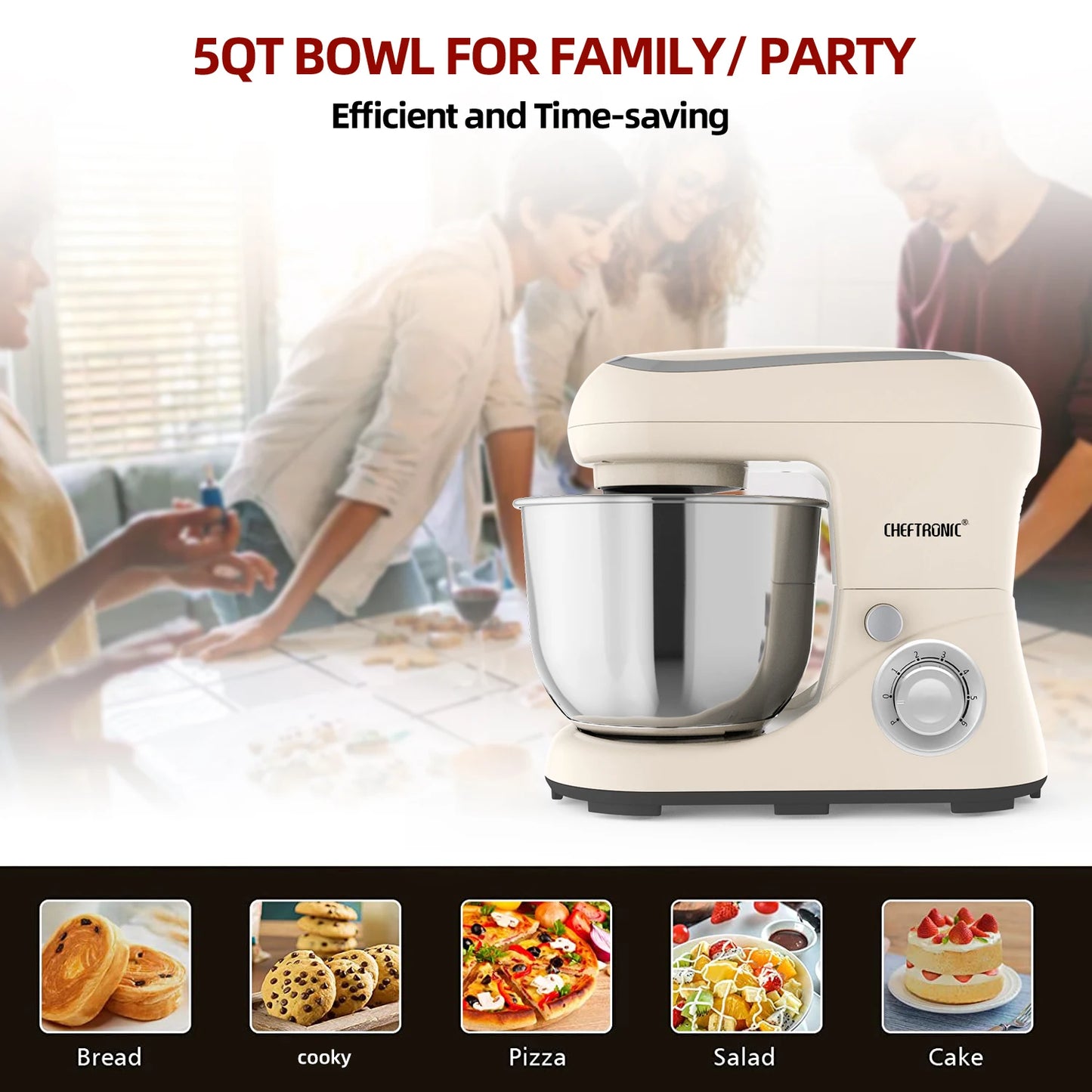 1pc CHEFTRONIC Stand Mixer,5Qt Tilt-Head Electric Household Stand Mixer - 500W 6+P Speed, Food Beater And Butter Beater,US Plug