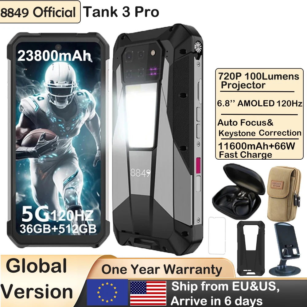 8849 Tank 3 Pro by Unihertz Rugged Projector Smartphone Android 32/36GB RAM 512GB ROM 5G 120W Charger  23800mAh OTG Mobile Phone