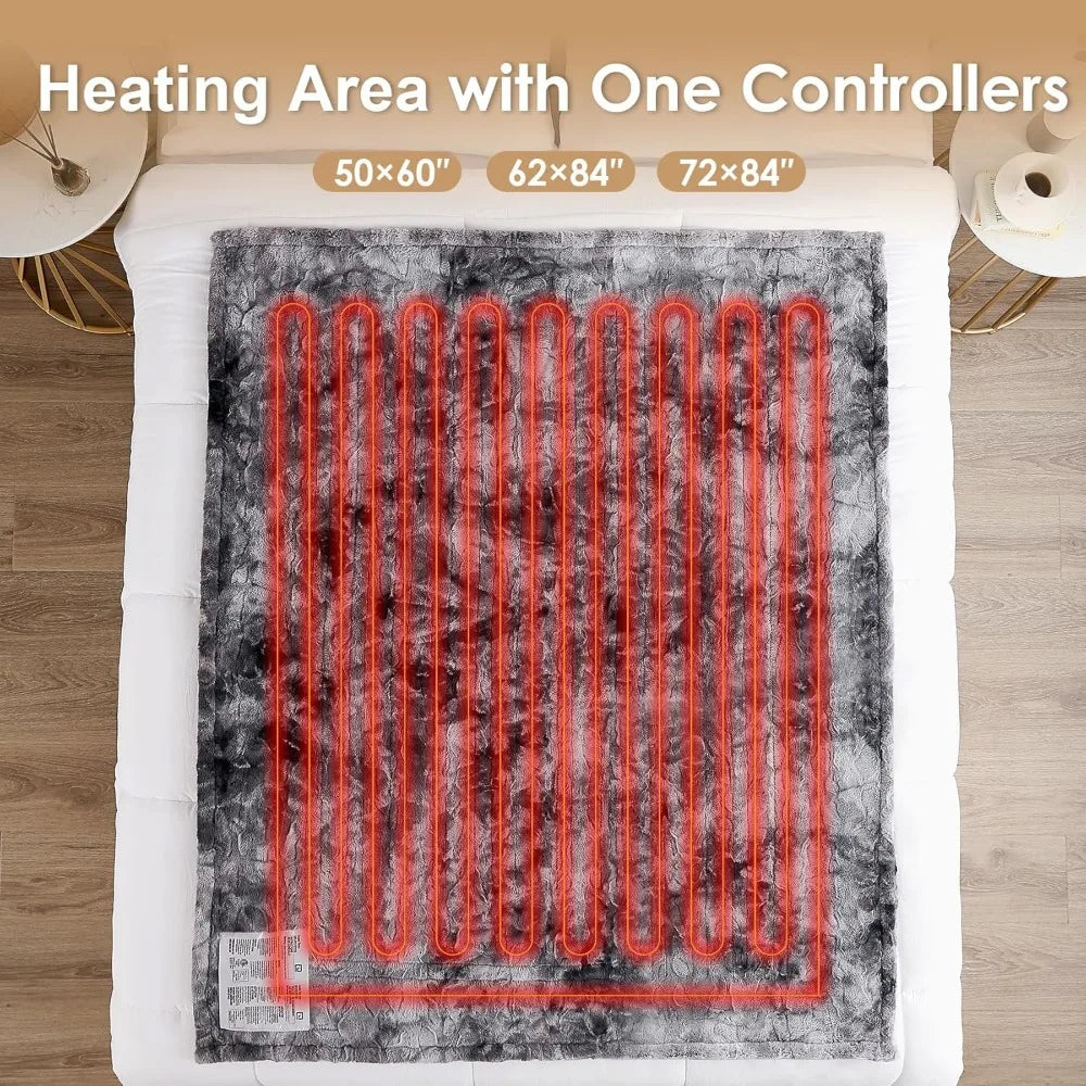 Electric Heated Blanket Throw with Faux Fur, 10-Hour Auto Shut Off, 9 Heat Levels, Fast Warming for Cozy Comfort