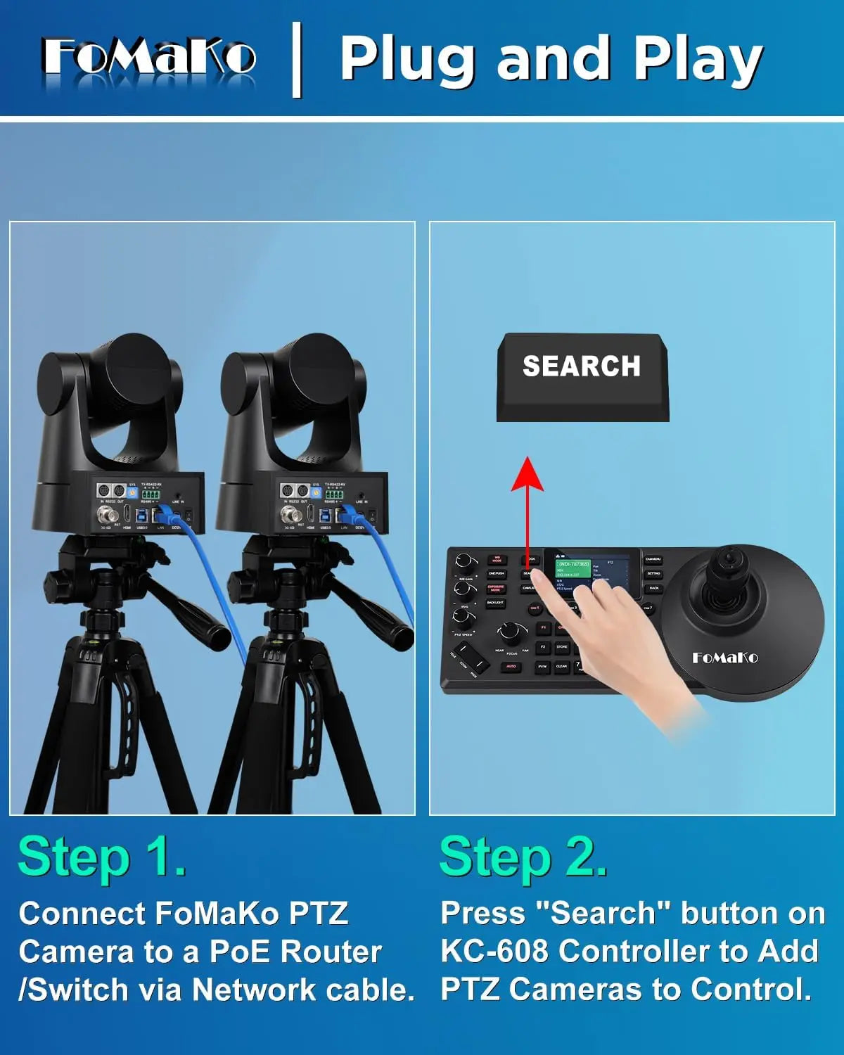 FoMaKo PTZ Camera 30X Optical Zoom HDMI PTZ Bundle with PTZ Controller PoE Keyboard,Contains 4 Items(KC608+3xFMK30SDI)