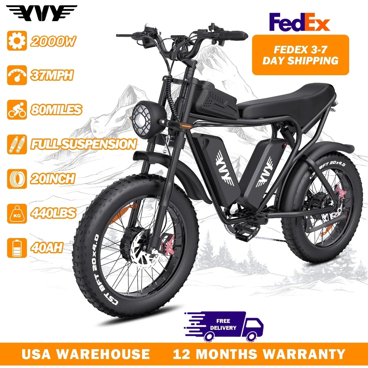 YVY K20 Electric Bike for Adults 1500/2000W 33/37MPH 48/52V 50-80Miles Electric Motorcycle 20" Fat Tire Dirt Bike 7-Speed E-Bike