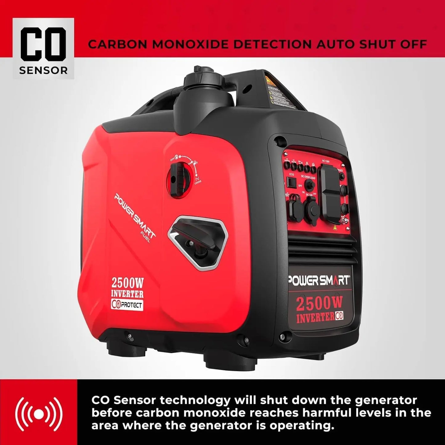 2500W Portable Inverter Generator with CO Alarm, USB Output, Quiet Operation for Home & Outdoor