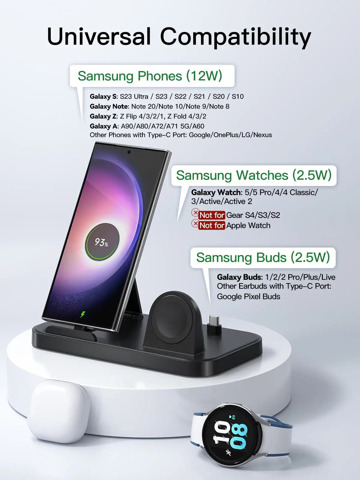 3 in 1 Charging Station for Samsung S25 S24 S23 Ultra S22 S20 S21 Wireless Charge Galaxy 5 4 3 Active 2 Watch