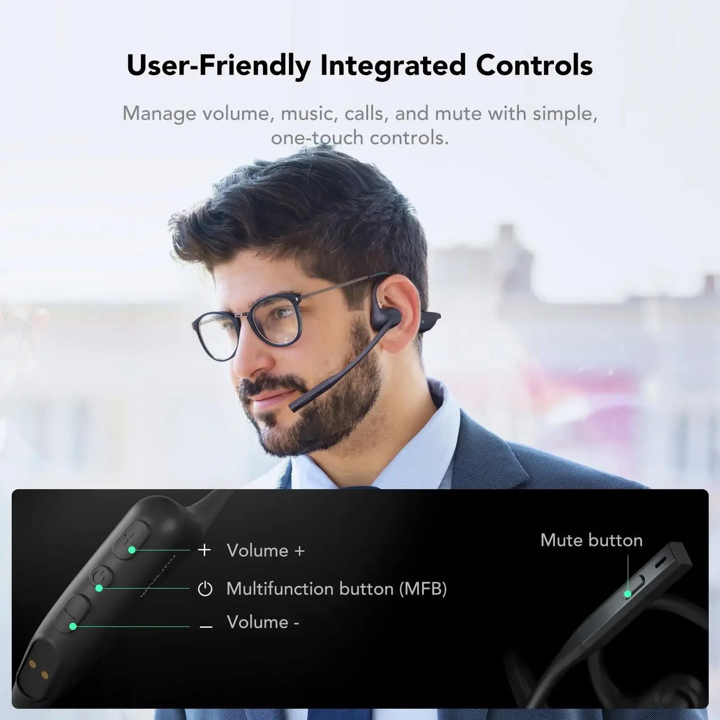 OW20B-C Wireless Open Ear Headphones Noise Cancelling Microphones For Office Work,Bluetooth 5.3 Multi-Point Connection