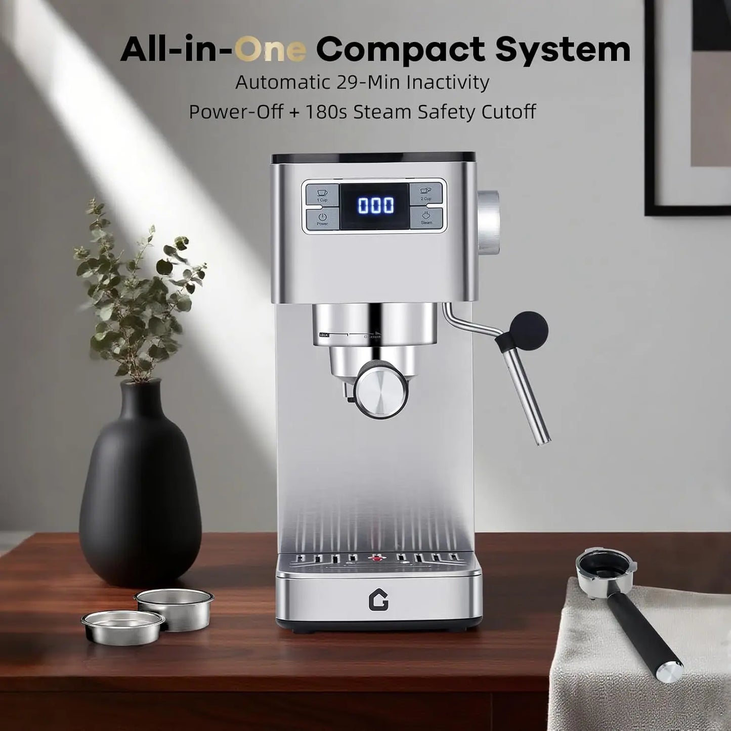 Espresso Machine 20 Bar Semi-Automatic Stainless Steel Adjustable Grinder/Steam Milk Frother Compact Home Ofiice Coffee Maker