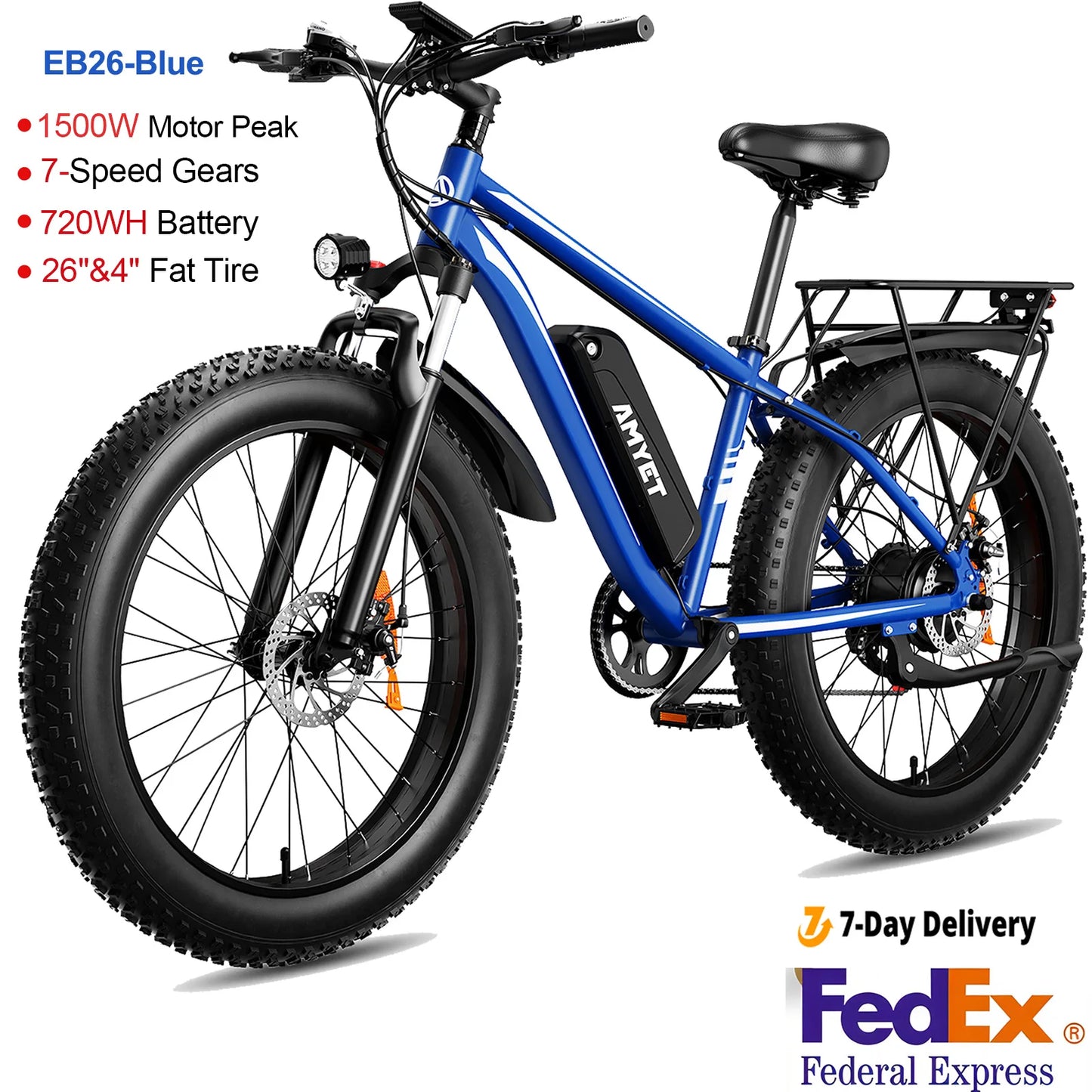 AMYET Electric Bike EB26 Blue Adults Electric Bicycle 28mph Peak 1500W 720WH Ebike 26" Fat Tire Mountain Bike Electric Dirt Bike
