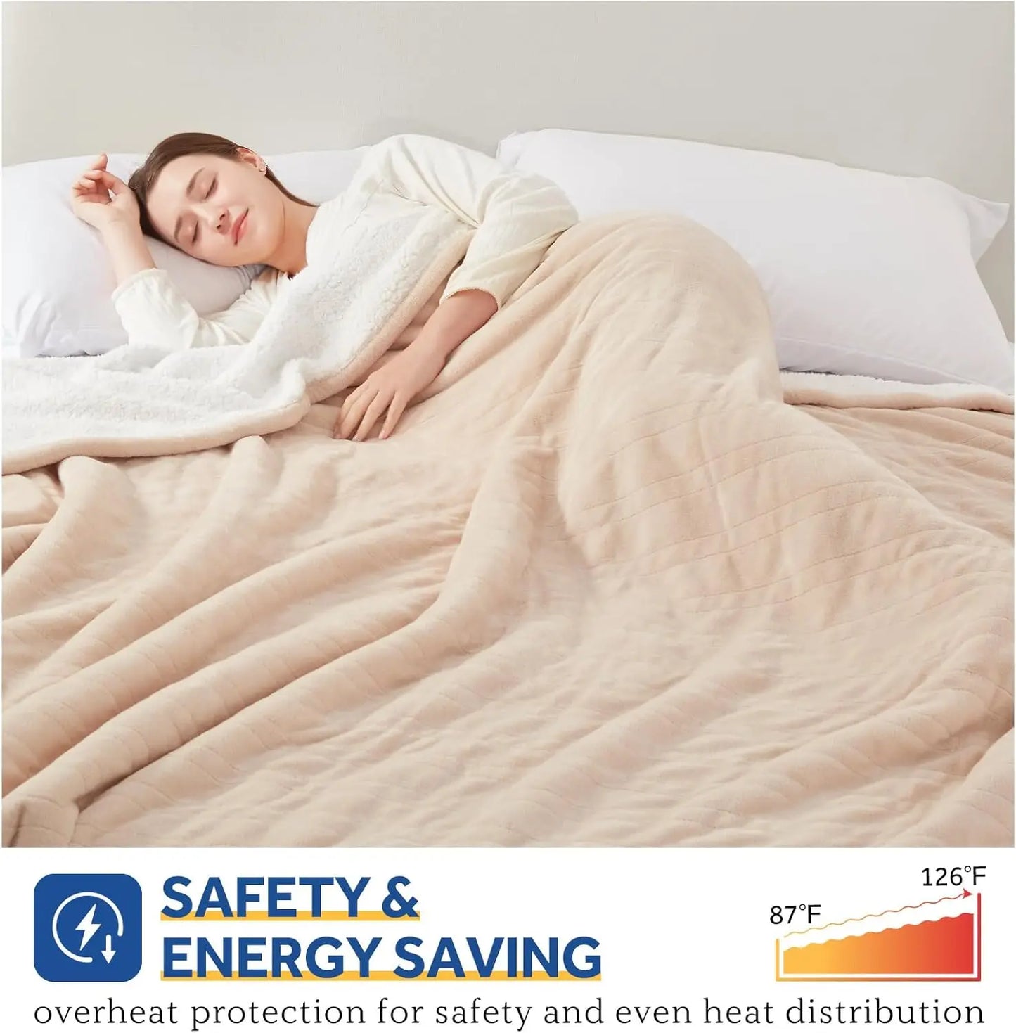 King Size Electric Blanket with 10 Heat Levels, Auto Shut Off, Machine Washable, Beige, 100x90 Inch