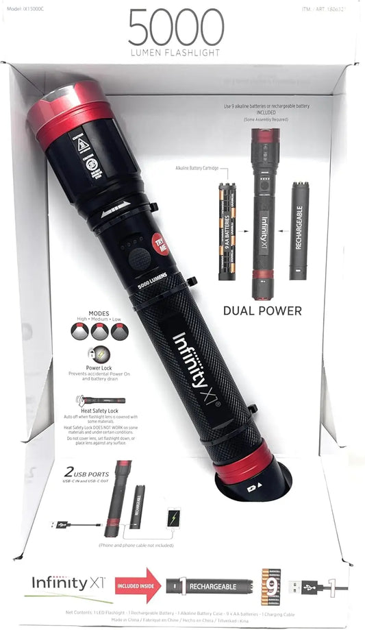 Dual Power Rechargeable Flashlight 5000 Lumens