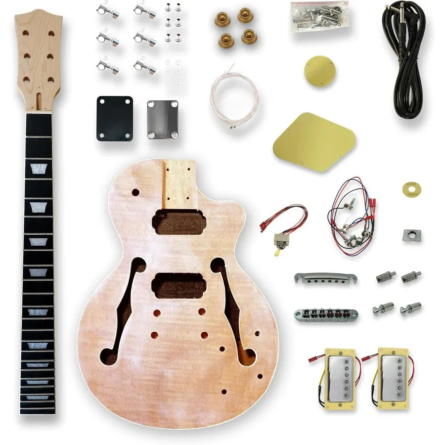 DIY Electric Guitar Kit Natural Right Handed 6 String HH Pickup Configuration with Maple Neck Okoume Body Mahogany Top Composit