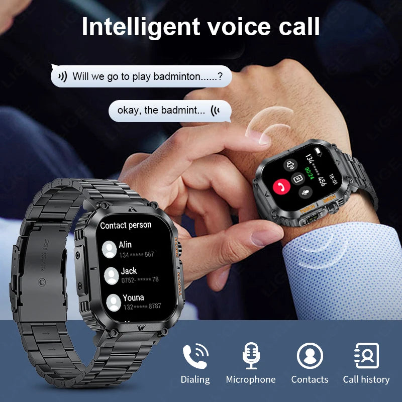 LIGE Men Smart Watch LED Flashlight Compass Watches 3ATM Waterproof 2.02'' HD Screen Military Sport Smartwatch 2025 Reloj Hombre