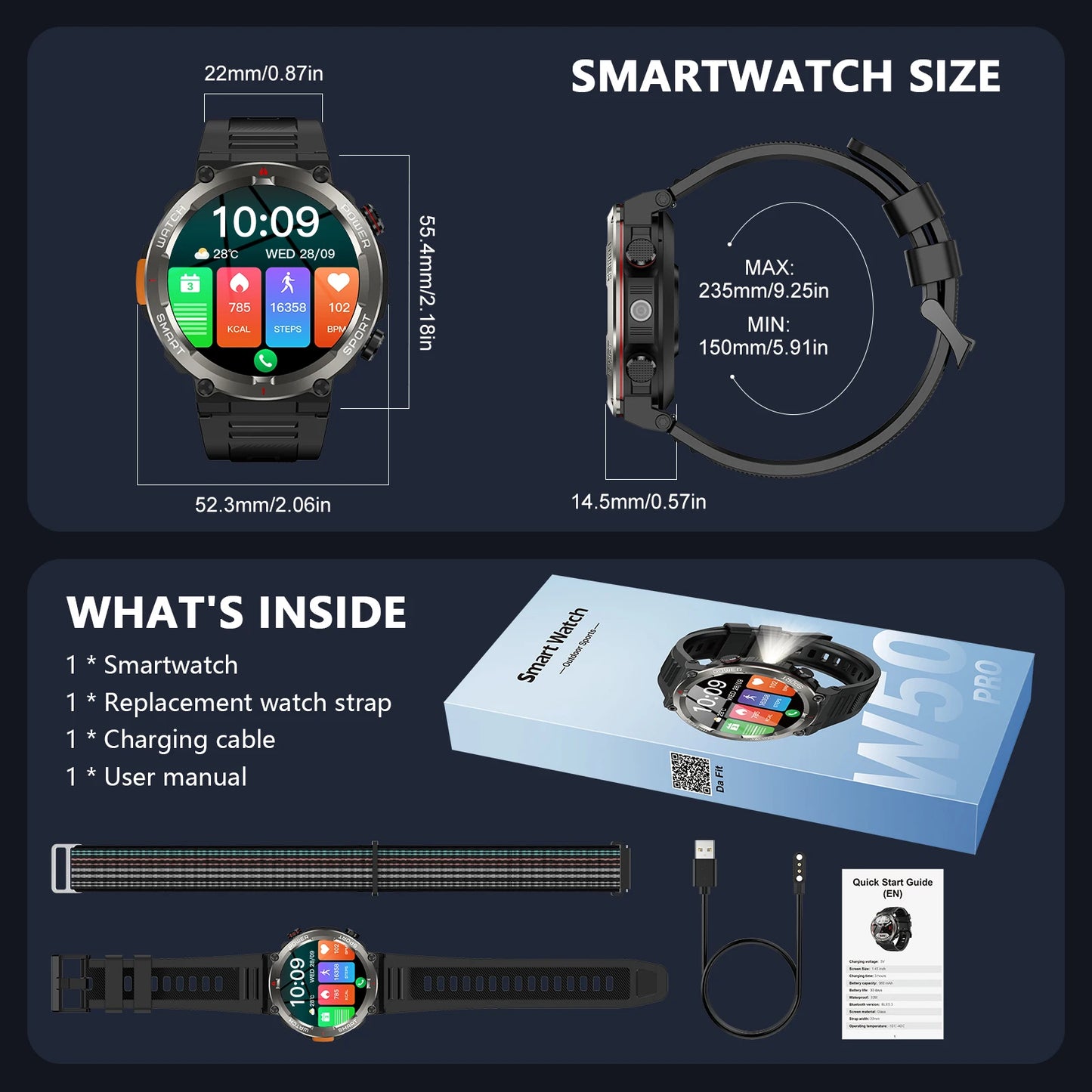 2025 New Blackview W50pro Waterproof Smartwatch with LED Flashlight Emergency lighting 960mAh Large Battery Life Man Smart Watch