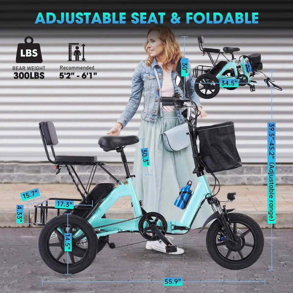 Electric Tricycle for Adults Foldable, 350W Folding Electric Trike, 3 Wheel Bikes for Adults with 480Wh Removable Battery