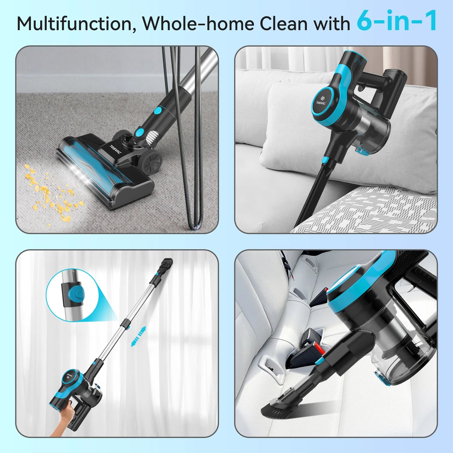 TASVAC 28KPa Cordless Vacuum Cleaner Powerful Suction 6-in-1 Lightweight Handheld Stick Vacuum 40min Runtime for Carpet Pet Hair