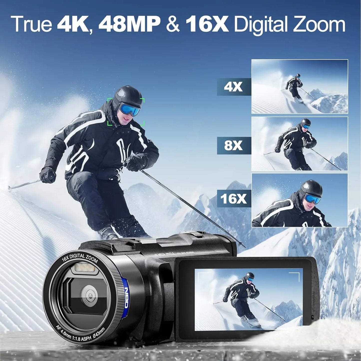 NBD 4K Camcorder Video Camera with 48MP Vlogging Camera With Wi-Fi & App Control,Video Recorder with 3X Battery Life, 16X Zoom