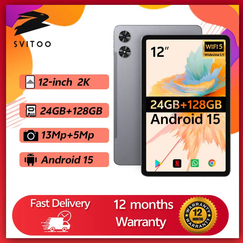 SVITOO 12-inch Tablets Android 2025 24GB RAM 128GB ROM 2K Display 18W Fast Charge 5MP+13MP Camera 8000mAh Battery Android Tablet