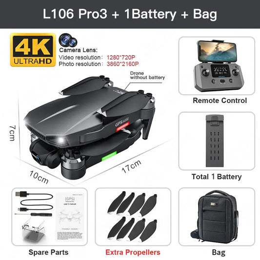 L106 Pro 3 Drone 4K Profesional 3-Axis Gimbal 4K HD Dual Camera 5G GPS Fllow Me Wifi Fpv Brushless Motor Dron RC Quadcopter Toys