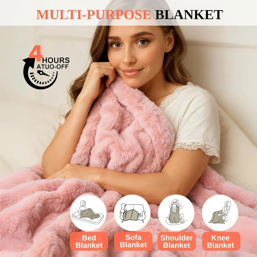 Electric Heated Blanket Throw 50"x60" Pink Ultra Soft Luxury Fluffy Faux Rabbit Fur Machine Washable 6 Heat Settings 4 Hours Au