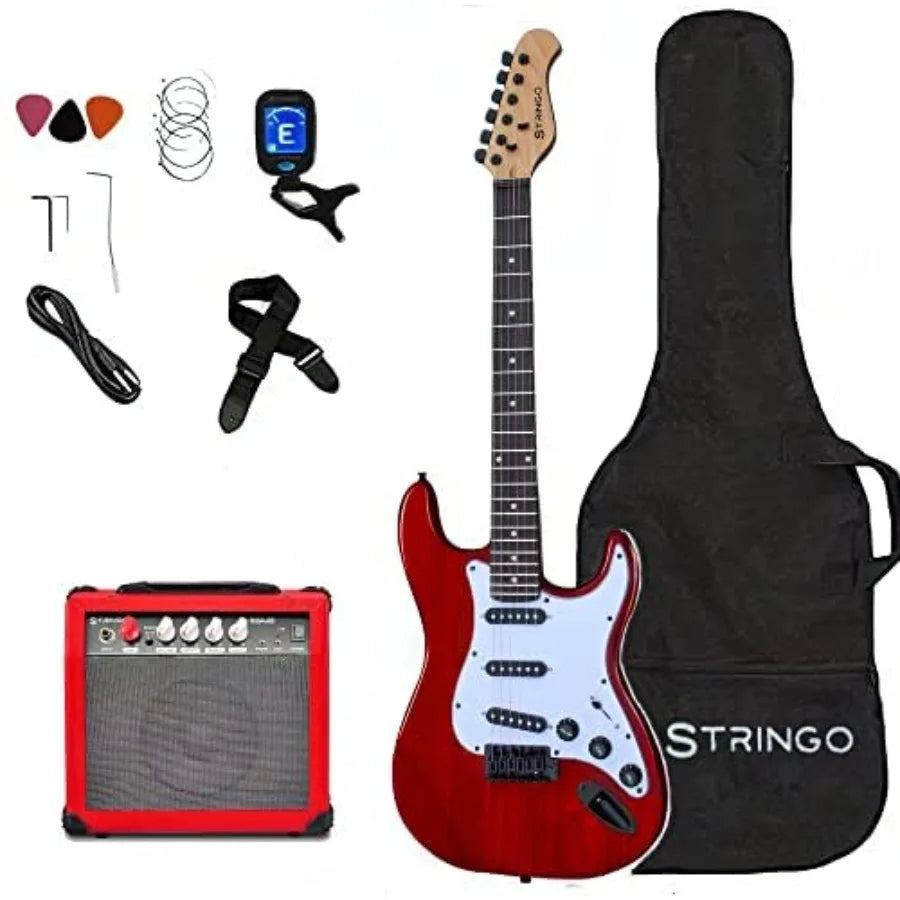 Full Size 39 Inch Red Electric Guitar Beginner Kit with Tremolo Bridge 20W Amplifier 3 Guitar Picks Shoulder Strap Tuner and Pr