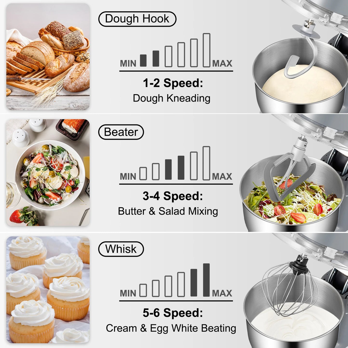 SucceBuy Stand Mixer Electric Dough Mixer with 6 Speeds LCD Screen Timing 5.8 Qt Stainless Steel Bowl Dough Hook Flat Beater