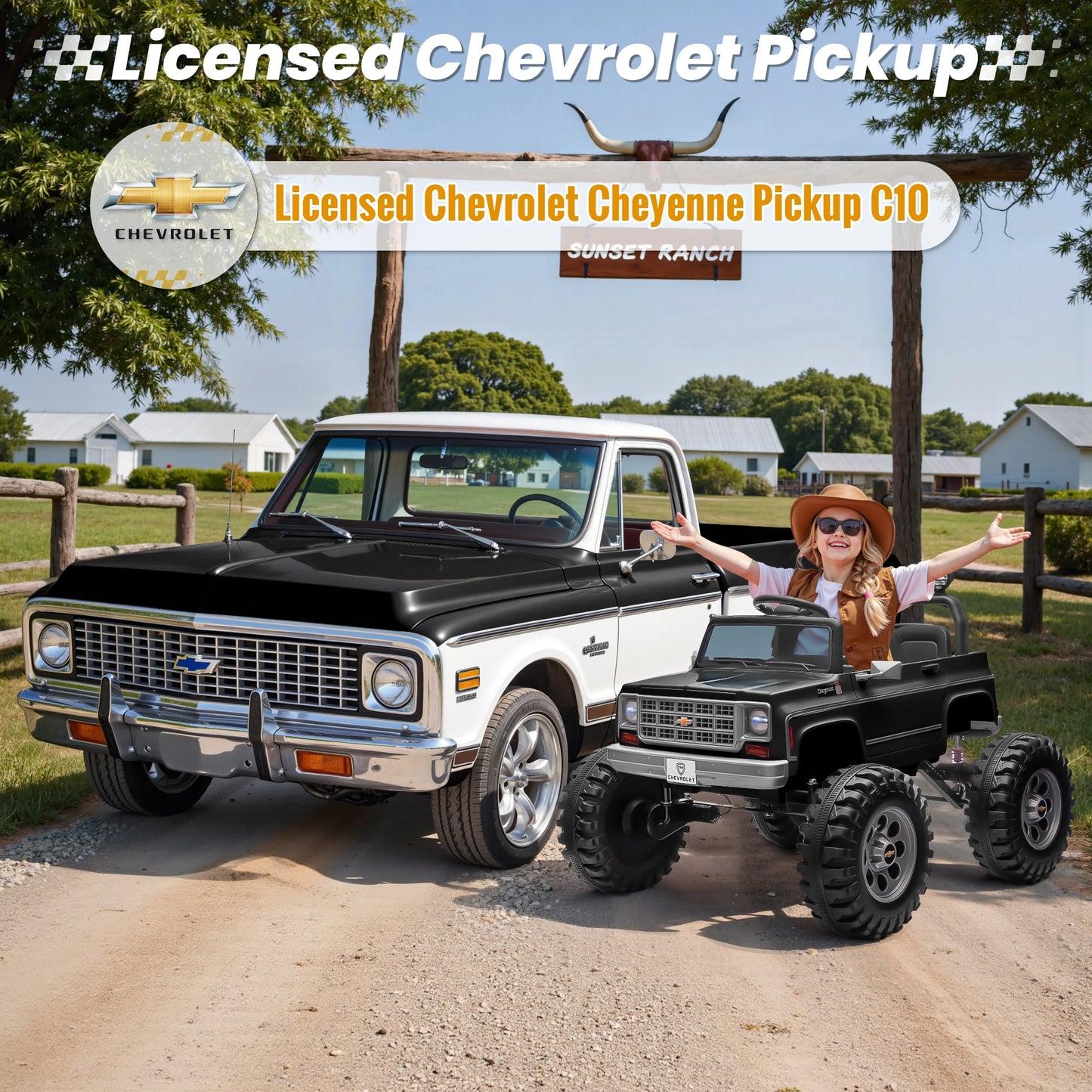 24V Ride on Car, Licensed Chevrolet Cheyenne Truck w/4X200W Motor, Remote Control, Decoration Streamer