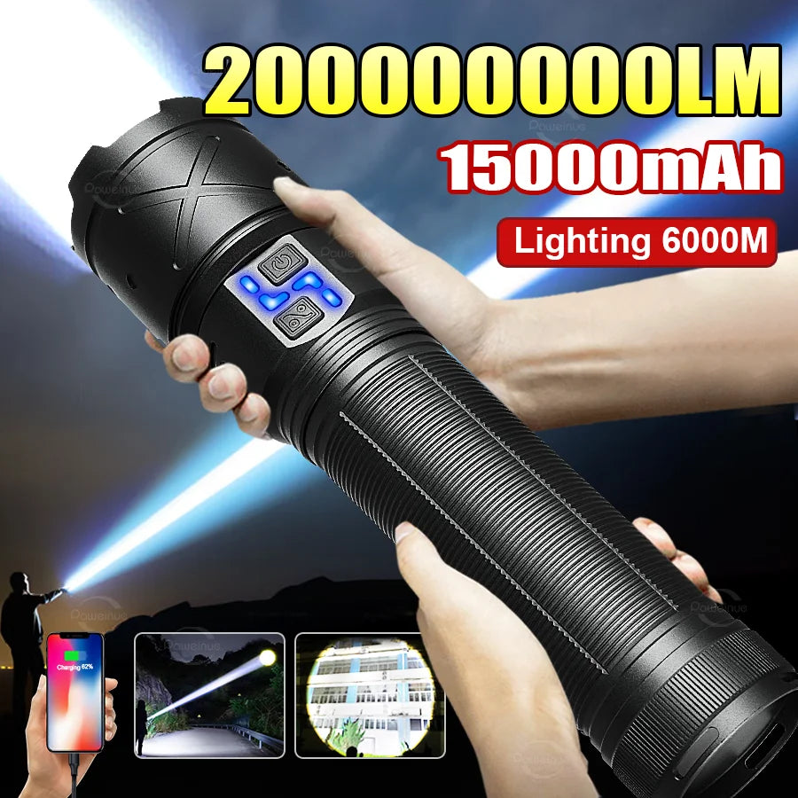 2026 New Ultra Bright LED Flashlight USB Rechargeable Zoom Flashlights Long Range 6000M Tactical Torch Camping Fishing Work Lamp
