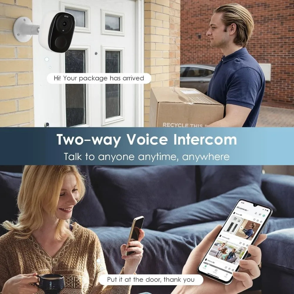 2K Color Night Vision Battery Powered Camera With 2.4GHz WiFi-Solar Panel Not Included,Wire-Free Battery Powered Security Camera